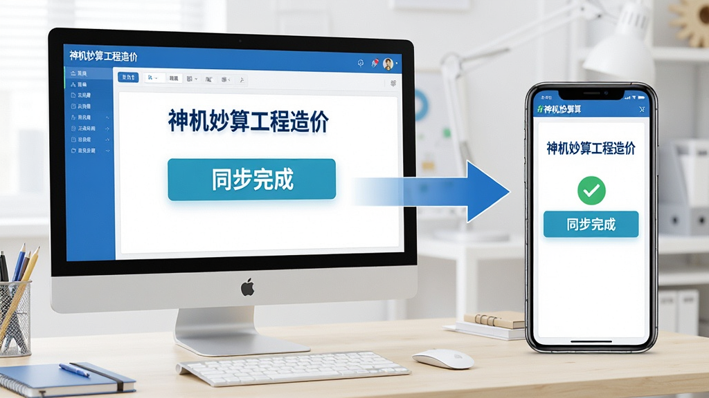 主体:一张电脑与手机同时显示神机妙算工程造价软件的界面。布局:左侧为电脑屏幕,右侧为手机,中间有数据同步箭头。排版:双设备并排,背景为浅色工作台。风格:现代科技风格,蓝色与白色主色调。细节:屏幕内容显示“神机妙算工程造价”字样,并有同步完成的提示。画质:高清渲染,干净明亮,无多余元素。