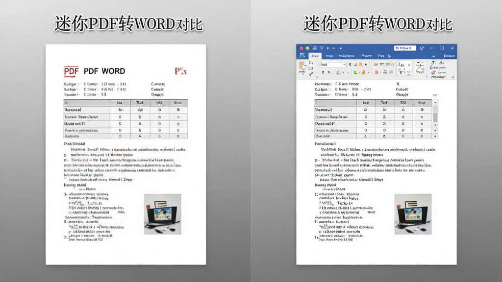 对比展示“迷你PDF转WORD”转换前后效果的图片,左侧为原始PDF文件,右侧为转换后的Word文档,两者并排对比,文字、表格、图片位置完全一致,画面采用左右分屏布局,背景为干净的渐变灰色,重点突出排版一致性,画质高清,无多余元素。