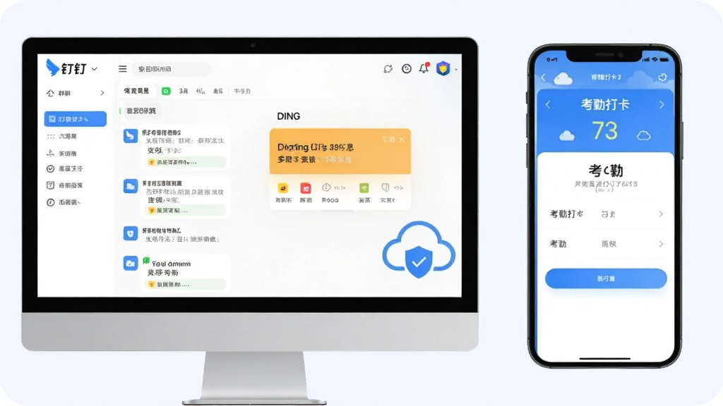 一张展示钉钉软件在电脑和手机上同时运行的场景,主体是钉钉LOGO和主界面,布局为左右分屏,左侧电脑屏幕显示群聊和DING消息,右侧手机屏幕显示考勤打卡界面,风格现代简洁,细节包含云存储图标和安全盾牌,画质清晰明亮,干净无多余元素