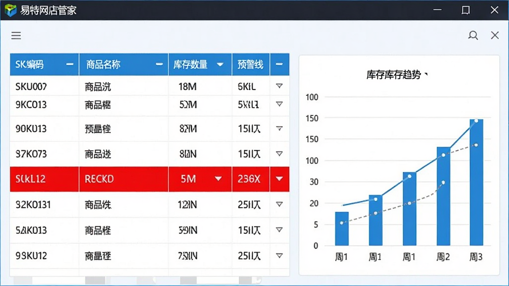 易特网店管家商品库存管理界面截图,表格中显示SKU编码、商品名称、库存数量和预警线,红色字体标出低于预警的条目,右侧有图表展示库存趋势,界面简洁,数据清晰,蓝白配色,画质高清,软件名“易特网店管家”显示在顶部菜单栏。