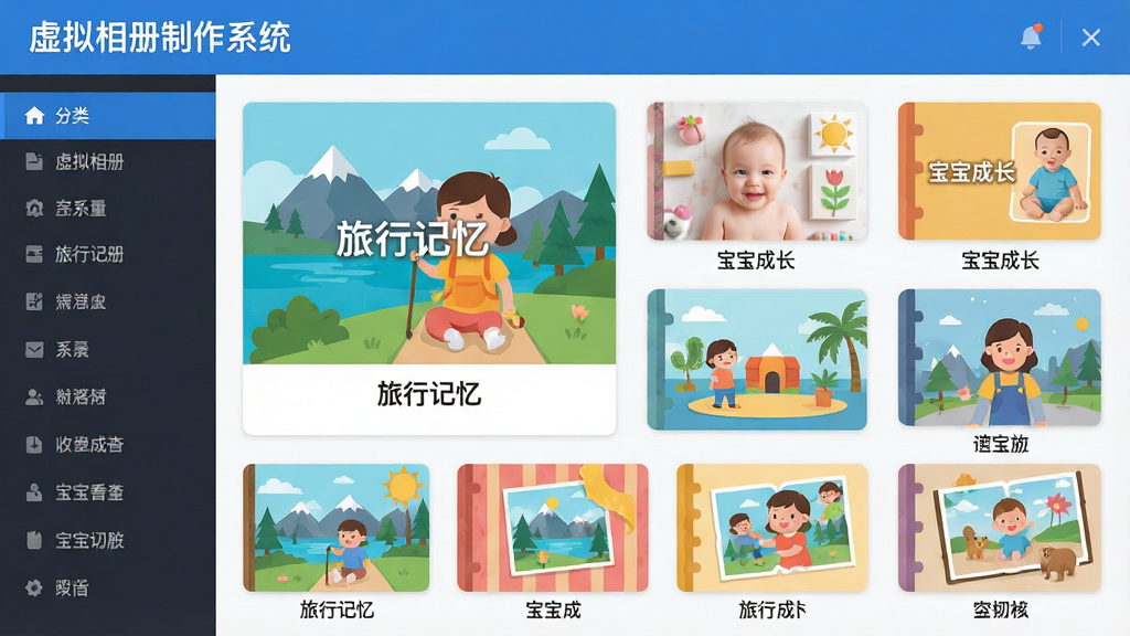 主体:虚拟相册制作系统的模板选择界面,展示多种风格相册缩略图。布局:网格排列,左侧为分类列表。排版:大图预览搭配名称标签。风格:扁平化设计,色彩明快。细节:缩略图上有“旅行记忆”、“宝宝成长”等字样,界面顶部有“虚拟相册制作系统”标题。画质:高清,干净,无多余元素。