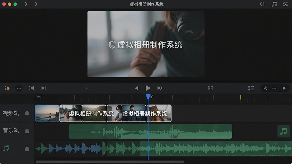 主体:虚拟相册制作系统的时间轴编辑界面,下方有照片缩略图轨道和音乐波形。布局:上方为预览窗口,下方为多轨道时间轴。排版:轨道分明,有蓝色播放指针。风格:深色主题,专业剪辑软件风格。细节:时间轴上的照片块带有“虚拟相册制作系统”水印,轨道名称标注“视频轨”、“音乐轨”。画质:高清,干净,无多余元素。