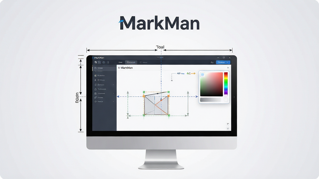 一幅现代简约风格的软件宣传主视觉图,主体为电脑屏幕中显示的MarkMan软件操作界面,界面上有清晰的尺寸标注线和颜色拾取器图标,布局以居中展示软件窗口为主,周围辅以柔和的浅灰色渐变背景,排版采用大面积的留白与居中的视觉焦点,风格偏向商务科技感,细节上强调标注线条的精准与清晰,画质高清干净,无多余元素,屏幕上方带有“MarkMan”字样的产品Logo。