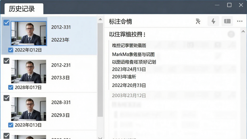 一张MarkMan软件历史记录面板的界面展示图,主体为左侧缩略图列表和右侧标注详情区域,布局为经典的双栏管理界面,排版清晰有序,风格简洁商务,细节上缩略图带有勾选标记和日期信息,画质干净无多余元素,面板顶部有“历史记录”标签。