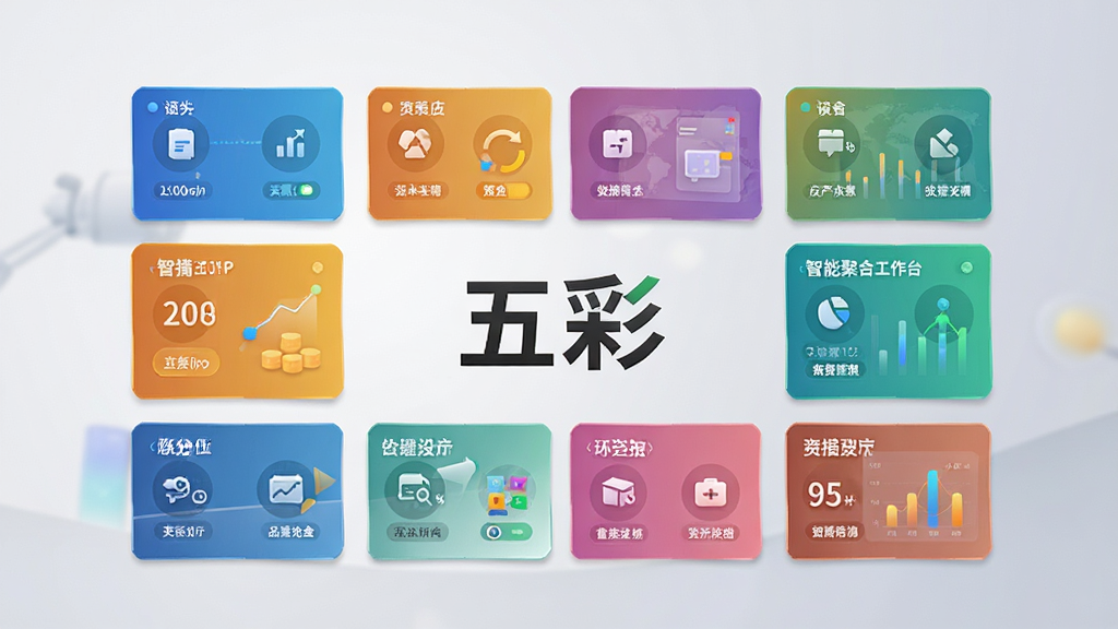 五彩智能聚合工作台界面,展示多个功能卡片整齐排列,中心位置显示“五彩”字样,背景为浅灰色渐变,布局清晰,排版有序,风格商务简约,细节丰富,画质高清,干净无多余元素