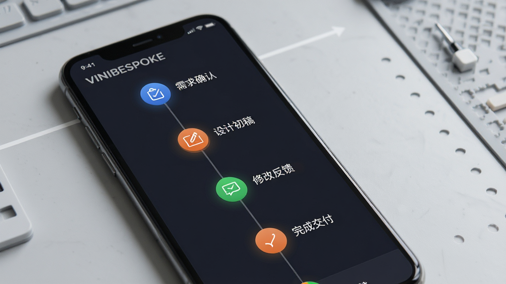 VINIBESPOKE 定制流程管理界面,主体为手机屏幕展示项目进度时间线,包含多个里程碑节点图标,节点上标注“需求确认”“设计初稿”“修改反馈”“完成交付”等字样,背景为浅灰色工作台,布局采用垂直时间轴样式,整体风格商务清晰,细节强调节点状态颜色区分,画质干净无多余元素