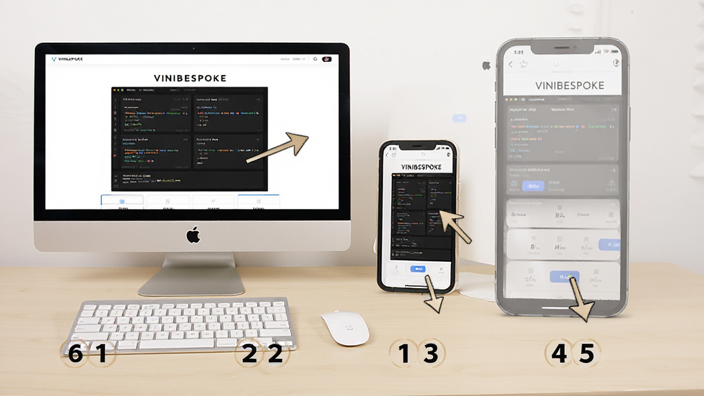 VINIBESPOKE 使用教程场景,主体为电脑与手机并排摆放,屏幕均显示VINIBESPOKE操作界面,画面下方有步骤序号标注,背景为浅色桌面,布局采用左右对称式,风格为教学演示风格,细节突出操作箭头指示,画质干净无多余元素