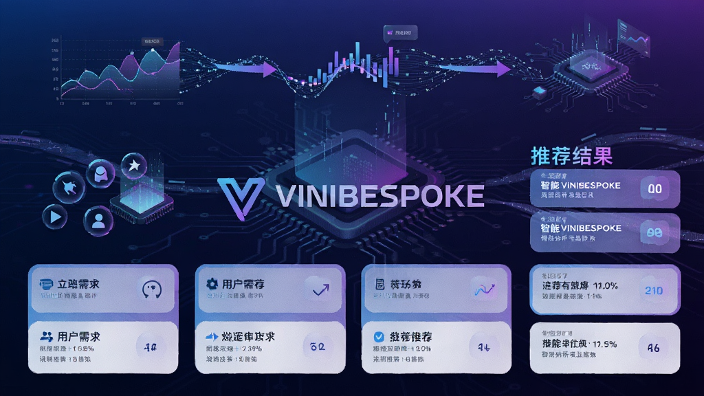 VINIBESPOKE 智能分析功能展示,画面主体为抽象的数据分析图表与VINIBESPOKE图标结合,左侧有代表用户需求的可视化图标,右侧为推荐结果列表,布局采用上下结构,上方为分析过程动画示意,下方为清晰的推荐卡片,整体风格科技感十足,色调以蓝紫渐变为主,细节突出数据流动线条与芯片纹理,画质细腻干净,无多余元素