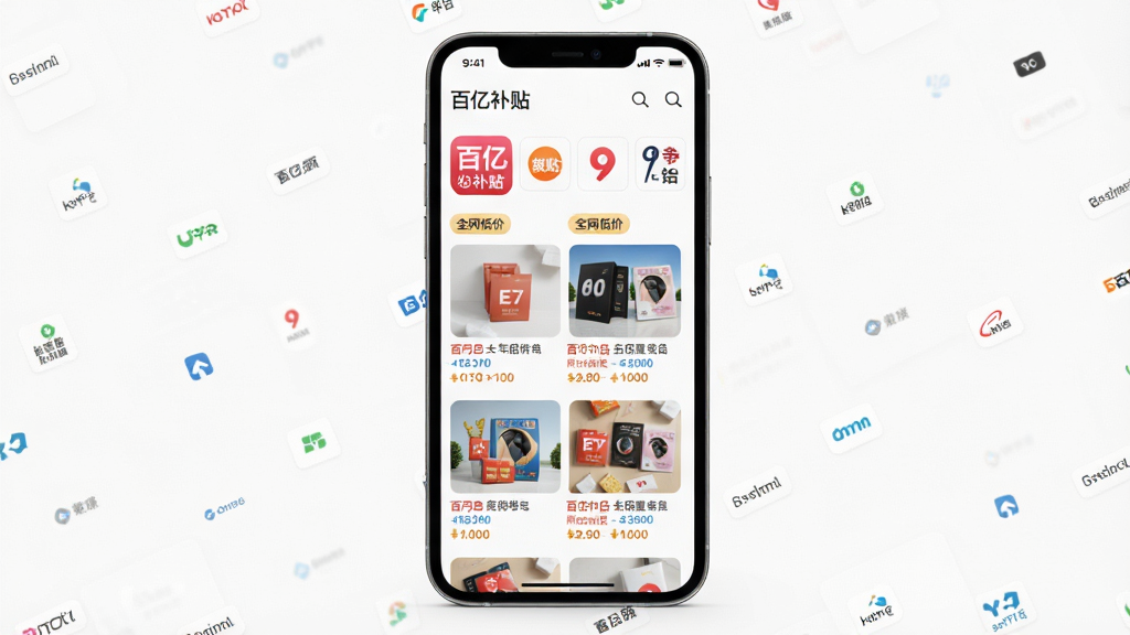 主体:手机屏幕展示百亿补贴商品聚合页面,多个平台logo以标签形式呈现。布局:手机居中,屏幕内容清晰可见,四周留白。排版:屏幕内商品以网格排列,每个商品下方标注平台与补贴金额。风格:写实与扁平结合,界面清爽。细节:屏幕中显示“百亿补贴”应用名称与“全网低价”字样,商品图片丰富。画质:细腻高清,无多余元素。