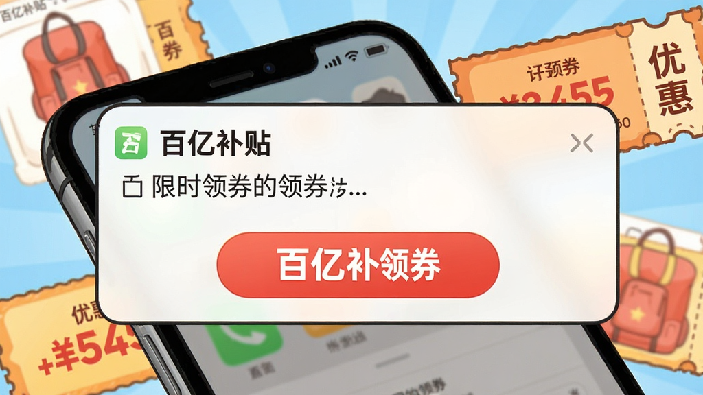 主体:手机通知栏弹出领券提醒,背景为商品与优惠券图案。布局:手机侧放,通知栏放大展示,醒目。排版:通知内容简洁,突出“百亿补贴领券”按钮。风格:卡通插画风,色彩鲜艳。细节:通知栏显示“百亿补贴”名称与限时领券文案,优惠券面额清晰。画质:高清,干净无杂物。