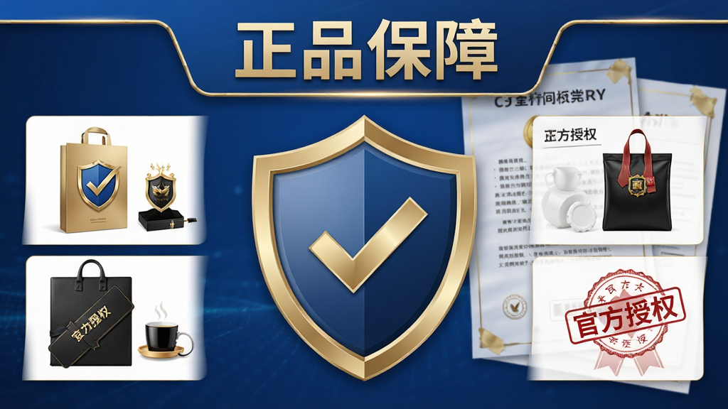 主体:盾牌图标与正品认证标志,背景为商品与授权文件。布局:盾牌居中,两侧对称分布商品图片。排版:文字与图标层次分明,上方为“正品保障”标题。风格:商务大气,蓝色与金色搭配。细节:盾牌上有对勾,文件上印有“官方授权”字样。画质:精致清晰,无多余元素。