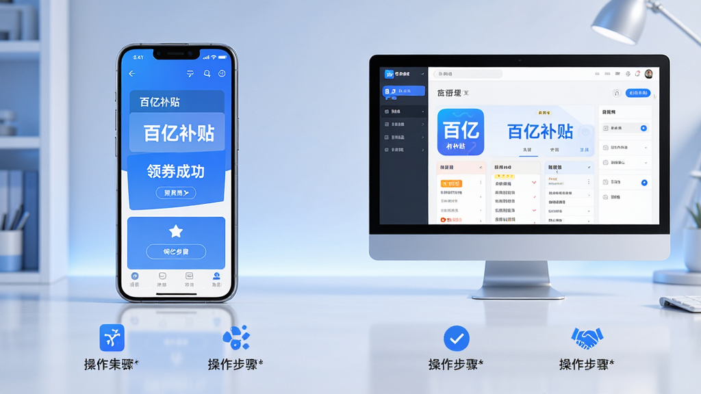 主体:一部智能手机与一台电脑并排,屏幕中显示百亿补贴应用界面。布局:左右对称,手机与电脑形成对比。排版:画面整洁,设备下方有操作步骤图标。风格:科技感,蓝白主色调。细节:手机屏幕显示“领券成功”字样,电脑屏幕展示应用管理后台。画质:高清渲染,无多余元素。