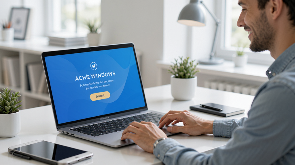 Preme for Windows 使用场景示意图,一台笔记本电脑屏幕显示加速成功界面,用户满意地操作,现代简洁办公桌风格,光线明亮,画质干净