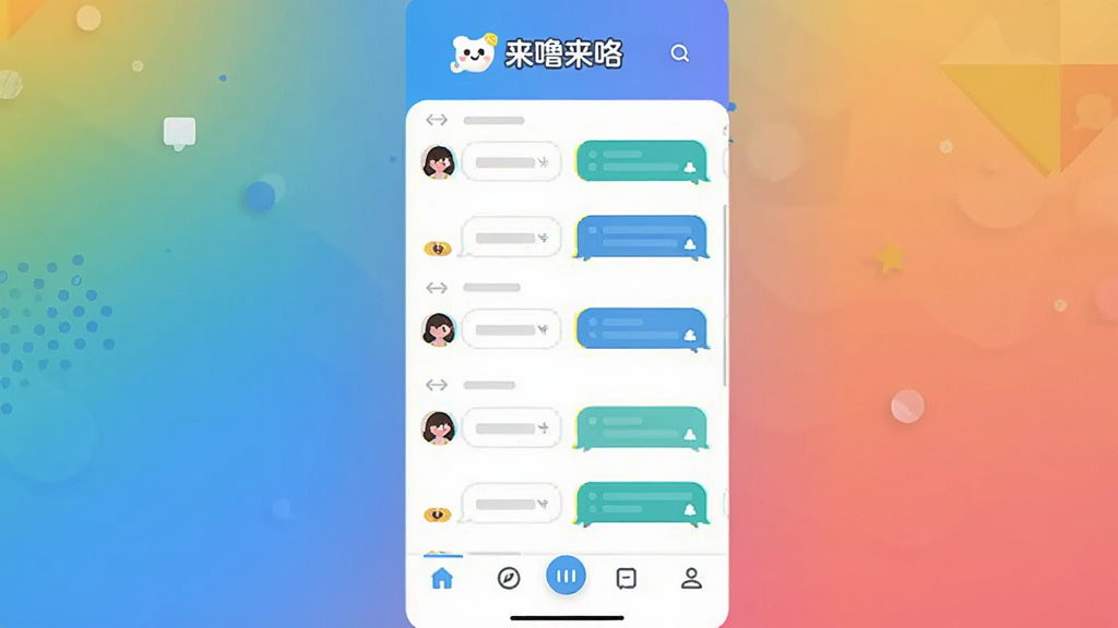 来噜来咯主界面预览图,展示聊天列表与底部导航栏,背景为渐变色,现代扁平风格,画面干净明亮,突出“来噜来咯”logo与对话框,画质高清,无多余元素