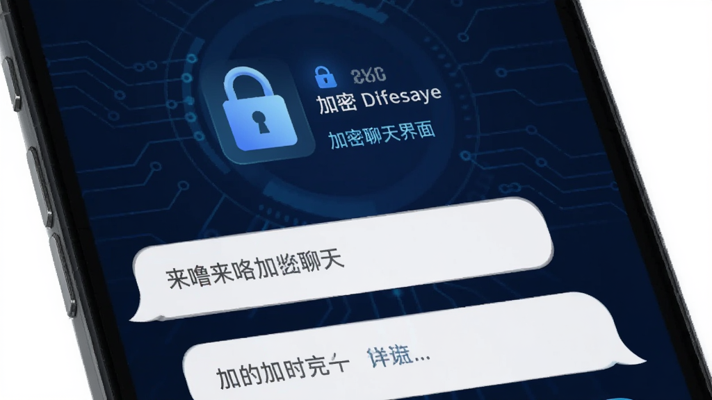 来噜来咯加密聊天界面,显示锁形图标与加密提示,背景为深蓝色科技感风格,信息气泡简洁,突出安全可靠氛围,画质干净,无多余元素