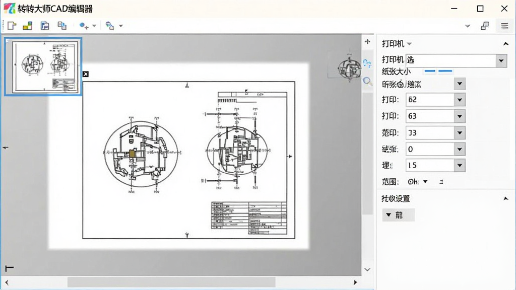 软件打印预览界面,左侧为图纸缩略图,右侧为打印设置面板,包含打印机选择、纸张大小、打印范围等选项,背景为白色,文字“转转大师CAD编辑器”在标题栏,整体商务简洁,无多余元素
