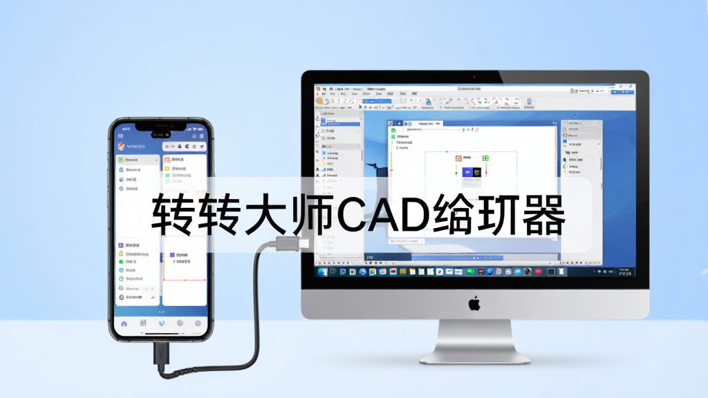 手机与电脑并排放置,手机屏幕显示转转大师CAD编辑器移动版界面,电脑屏幕显示同款软件桌面版,两者通过数据线连接,背景为柔和的渐变蓝色,整体画面和谐,展示跨设备协同,文字“转转大师CAD编辑器”居中,画质干净无多余元素
