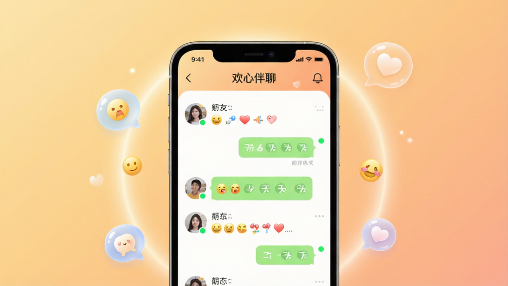 主体:欢心伴聊APP界面展示,手机屏幕显示聊天列表和好友动态,背景是温馨的渐变色。布局:手机居中,界面元素清晰可见,周围有柔和的光晕和漂浮的气泡图标。排版:简洁现代,UI设计精致,图标圆润。风格:清新明亮,温暖治愈,符合社交软件调性。细节:屏幕中可见“欢心伴聊”字样,聊天消息气泡、表情符号、在线状态小绿点,整体画面干净无杂乱元素。画质:高清渲染,细腻光影,干净无多余元素。