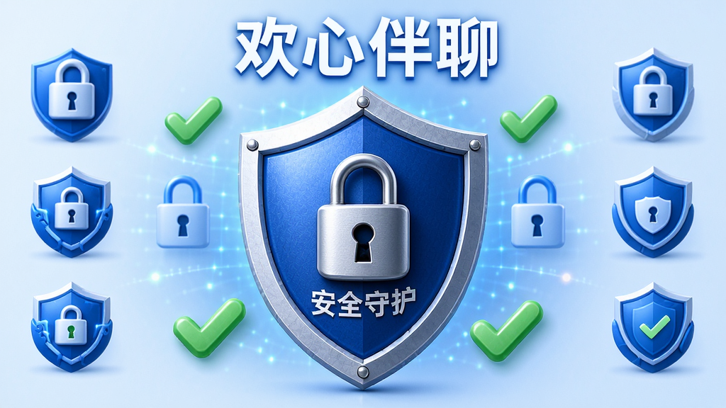 主体:欢心伴聊的安全盾牌图标,背景有锁与加密符号,周围是绿色安全的对勾。布局:盾牌居中,上方有“欢心伴聊”字样,两侧分布防护图标。排版:对称式构图,图标规整。风格:严谨安全,蓝色科技色调。细节:盾牌质感细腻,锁具清晰可见,文字显示“安全守护”,画面干净。画质:高清,光影柔和,干净无多余元素。