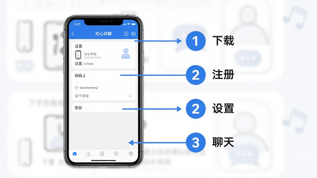 主体:欢心伴聊使用教程示意图,手机屏幕展示“设置”界面,背景有操作步骤标注。布局:手机居中,步骤序号以圆圈标注,右侧配文字说明。排版:图文结合,清晰有序。风格:简洁明了,蓝色辅助线。细节:显示“欢心伴聊”名称,步骤包括:下载、注册、设置、聊天,画面干净。画质:高清,无杂物。