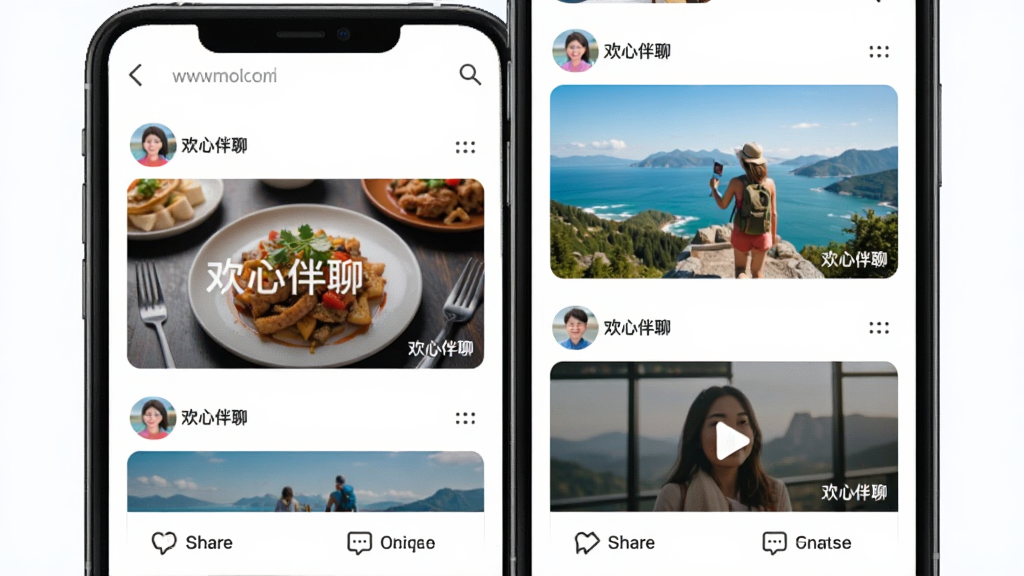 主体:欢心伴聊的动态广场,手机屏幕展示瀑布流图片与短视频卡片。布局:双列瀑布流,卡片配有头像和昵称,底部有转发和评论图标。排版:简洁明快,图片为主。风格:生活化,多彩缤纷。细节:卡片中显示“欢心伴聊”水印,图片内容包含美食、旅行等,画面清晰。画质:高清,色彩真实,干净无多余元素。