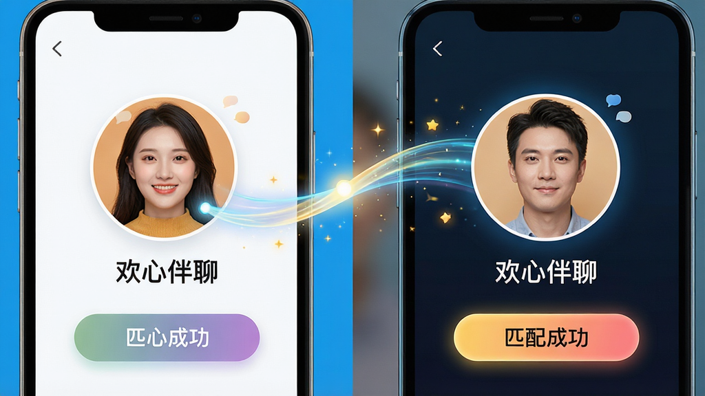 主体:欢心伴聊的智能匹配功能示意,手机屏幕显示两个用户头像通过一条光带连接,周围有匹配成功的特效。布局:左右分屏展示两位用户,中间是动态连接线,下方有“匹配成功”按钮。排版:层次分明,图标简洁,配有文字“欢心伴聊”。风格:科技感与温馨感并存,色彩明快。细节:头像清晰,光带有流动效果,匹配按钮高亮,背景干净纯色。画质:高清,细节丰富,干净无多余元素。