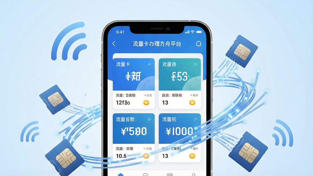 一张智能手机屏幕占据视觉中心,屏幕上清晰展示着“流量卡办理方舟平台”的应用界面,界面风格简洁现代,以蓝色和白色为主色调,展示着多款流量套餐卡片。手机周围环绕着象征网络信号的光纤线条和SIM卡图形,背景为干净的渐变浅蓝色,整体布局专业大气,画质高清,干净无多余元素