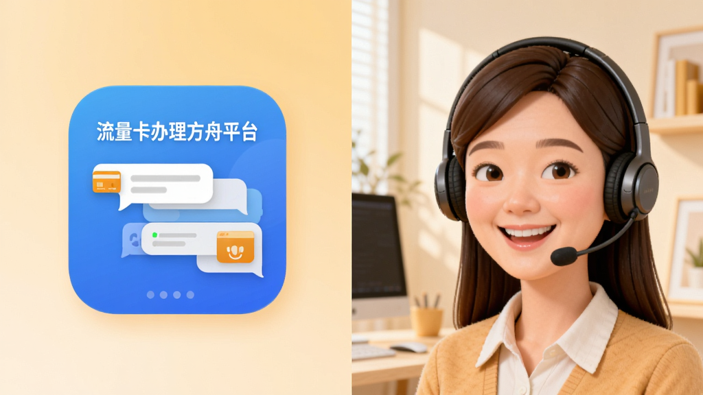 画面采用分屏构图,左侧是“流量卡办理方舟平台”的应用图标与对话框界面,右侧是一位面带微笑、佩戴耳机的客服顾问形象。背景为简约柔和的工作室场景,整体风格明亮温馨,色彩以暖色调为主,突出沟通服务的亲切感,画质高清,干净无多余元素