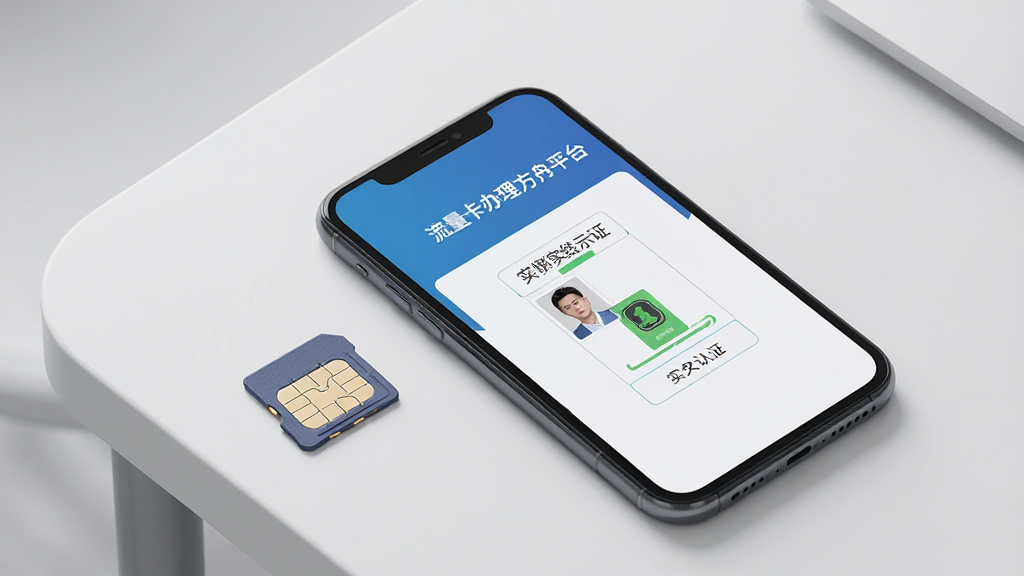 一部智能手机与一张SIM卡并排摆放在简约桌面上,手机屏幕中显示着“流量卡办理方舟平台”的实名认证页面,页面中有清晰的身份证上传示例。背景为干净的浅灰色,整体画面构图简洁,光线均匀,细节清晰,风格务实,画质高清,干净无多余元素