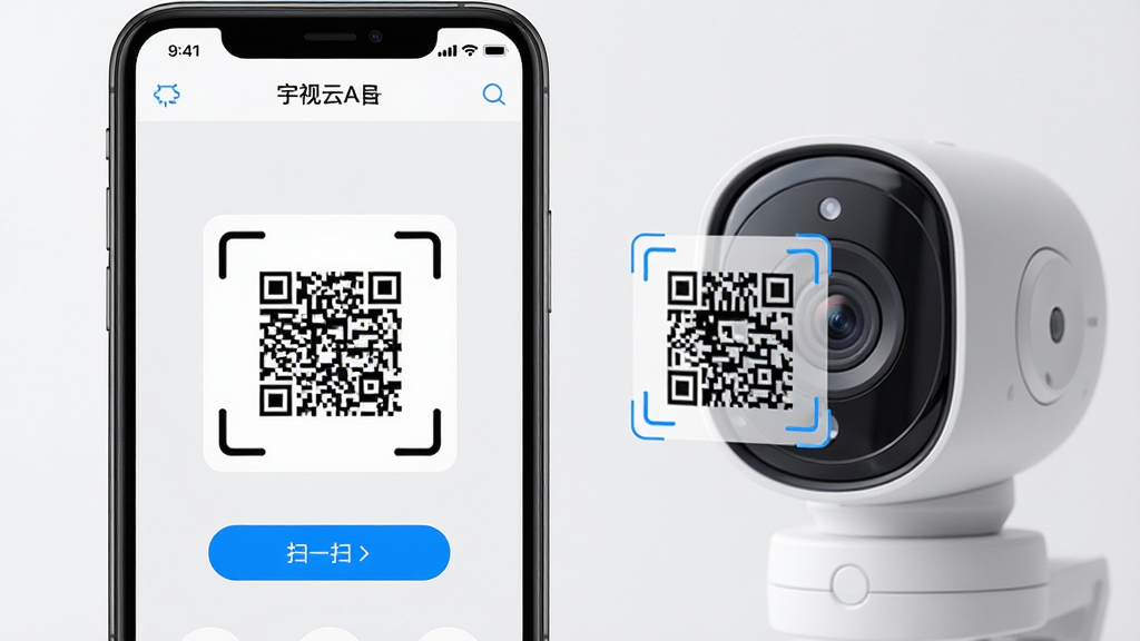 主体:一部智能手机屏幕显示宇视云App的添加设备界面,画面中有清晰的扫码框,背景是宇视云摄像头实物。布局:手机位于画面中央偏左,摄像头在右侧,扫码框对准摄像头二维码。排版:简洁明了,重点突出扫码操作。风格:实用主义,光线明亮,细节真实。细节:屏幕上有“扫一扫”文字和蓝色按钮,摄像头外观现代,二维码清晰可见。画质:高清,干净无多余元素。