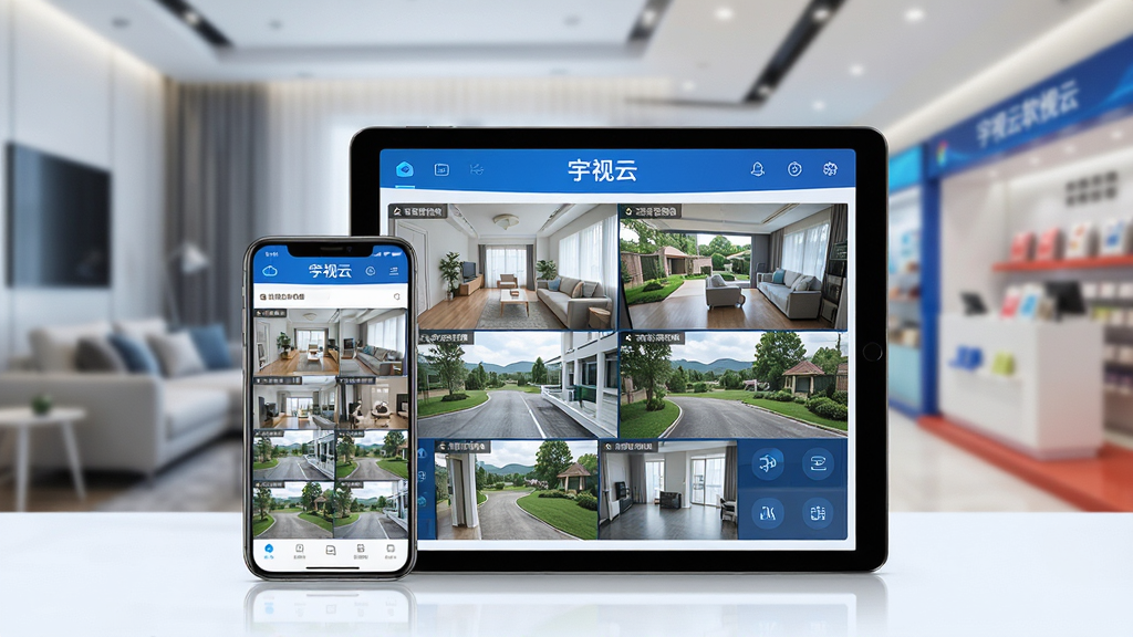 主体:宇视云软件界面在手机和平板上的展示,背景为现代家庭客厅与商铺场景融合,画面中央显示多个实时监控视频窗口,清晰可见“宇视云”字样。布局:手机与平板并排摆放,屏幕内容朝向前方,视频窗口以网格状排列,界面顶部有功能图标。排版:左右对称,主体突出,背景虚化处理,突显屏幕内容。风格:写实科技感,色调以蓝白为主,明亮通透。细节:屏幕中视频画面清晰,包含室内、室外不同场景,界面图标精致,整体干净整洁。画质:高清渲染,干净无多余元素。