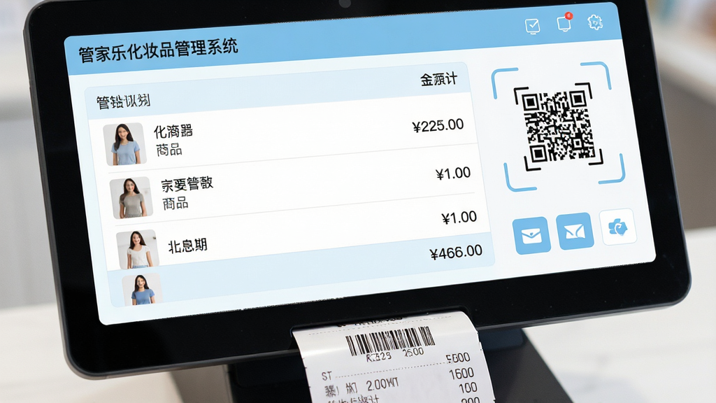 特写镜头展示“管家乐化妆品管理系统”的收银结算界面,画面中央是清晰的商品列表与金额总计,右侧有扫码框与支付方式图标,下方模拟打印小票,整体界面简洁现代,配色以浅蓝与白色为主,布局规整,UI设计风格,高细节,画质清晰,干净无多余元素。