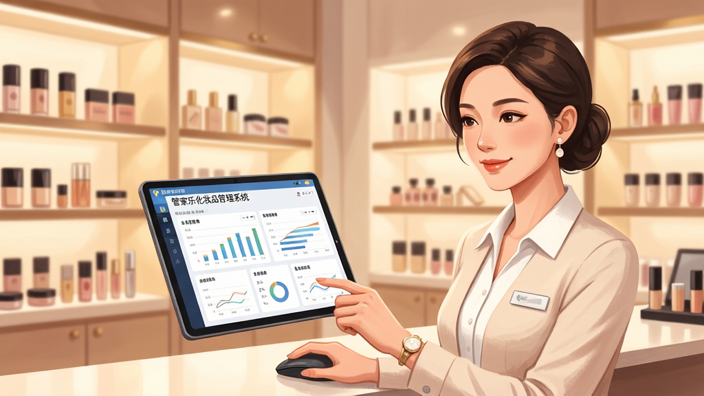 画面主体为一位优雅的女性店长在整洁明亮的化妆品店铺内,手持平板电脑或鼠标操作“管家乐化妆品管理系统”界面,屏幕上清晰显示“管家乐化妆品管理系统”字样及销售图表,背景是陈列整齐的化妆品货架,柔和的暖色灯光,布局平衡,排版干净,商业插画风格,细节丰富,画质清晰,干净无多余元素。