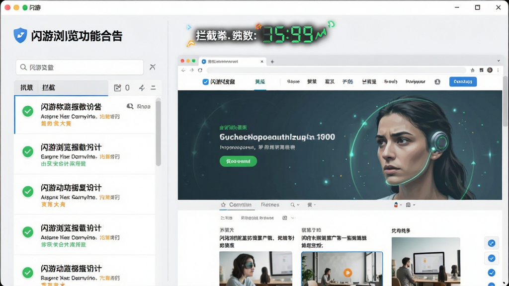 主体:闪游浏览器广告拦截功能界面,左侧是被拦截广告的列表,右侧是纯净的网页预览。布局:界面分为左右两栏,左侧列表清晰,右侧预览干净。排版:列表项有绿色对勾标记,右侧显示正常网页内容。风格:简洁清爽,浅色背景。细节:拦截数量统计在顶部,有动态数字效果。画质:界面元素锐利,干净无多余元素。