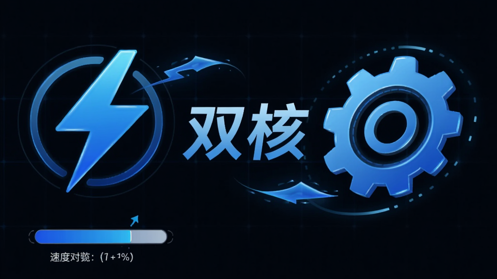 主体:闪游浏览器双核引擎概念图,左侧是闪电图标,右侧是高速齿轮,中间有“双核”字样。布局:左右对称,闪电与齿轮环绕中心文字。排版:图标下方配有简短速度对比条形图。风格:科技蓝为主色调,线条流畅。细节:背景有细微的网格线条,体现科技感,所有元素干净整洁。画质:高清晰度,无多余元素。