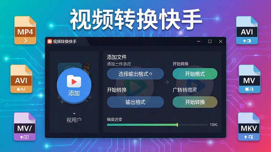 主体:视频转换快手软件主界面展示,界面中包含视频添加按钮和转换选项,软件名称“视频转换快手”醒目地显示在界面顶部。布局:居中构图,软件界面占画面主体,背景为渐变色科技感元素,周围有MP4、AVI、MKV等格式图标环绕。排版:界面元素排列整齐,功能按钮清晰可见。风格:现代扁平化设计风格,色彩明亮,突出软件的易用性与专业性。细节:界面中展示添加文件、选择输出格式、开始转换等步骤,转换进度条正在加载。画质:高清,干净,无多余元素。