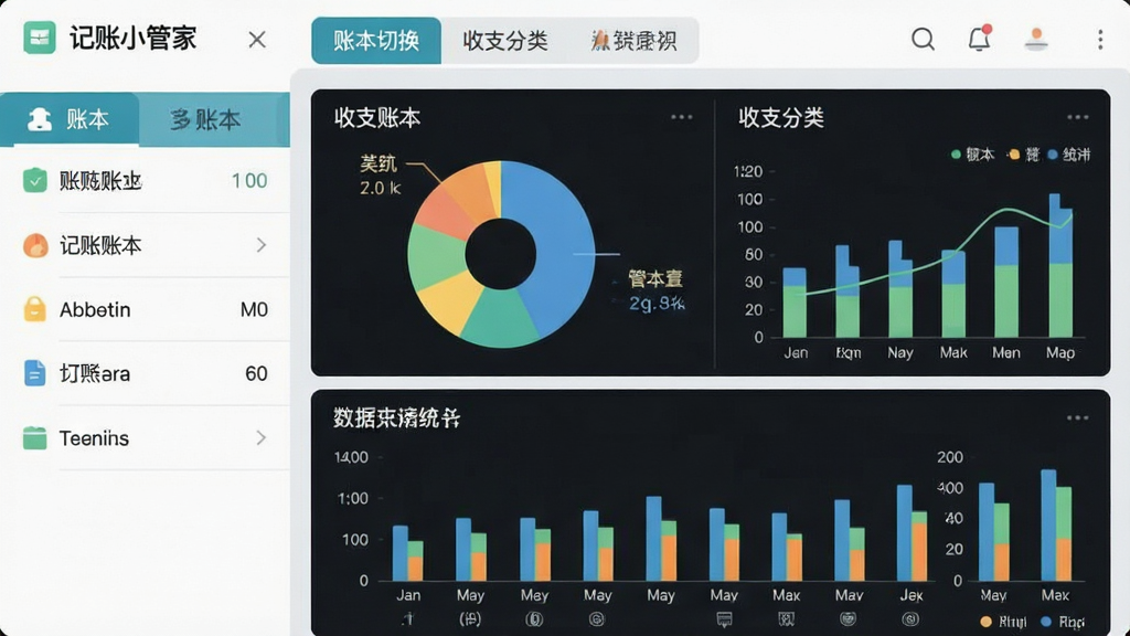 一张功能演示图,主体为“记账小管家”的多账本管理界面,左侧栏列出不同账本名称,右侧显示当前账本的收支分类饼状图与条形统计图;布局为上下结构,上方为账本切换标签,下方为数据可视化图表;风格为扁平化UI设计,颜色清新,细节清晰,画质高清,无多余元素