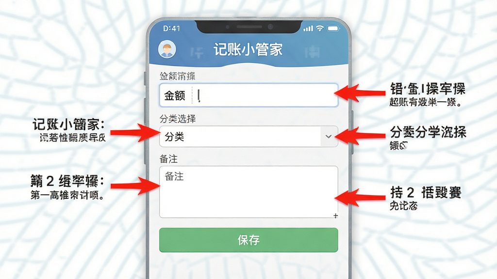 一张软件操作教程示意图,主体为“记账小管家”的记账输入界面,包含金额输入框、分类选择下拉菜单、备注文本框及保存按钮,旁边有红色箭头标注操作步骤;布局为截图居中,配以简要文字说明,风格为图文教程风格,细节清晰,画质高清,干净无多余元素