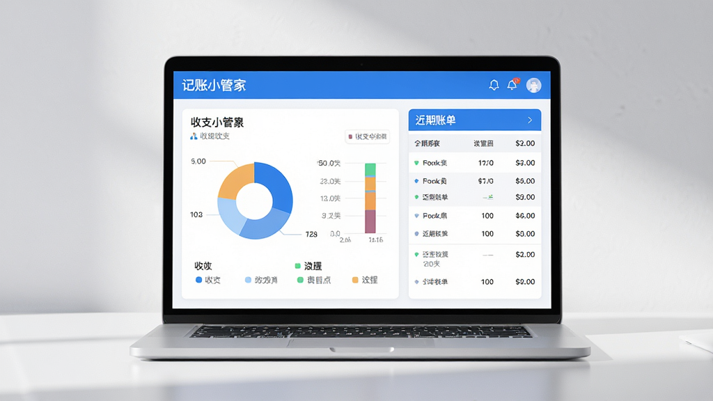 一张高清产品展示图,主体为“记账小管家”软件界面,显示在笔记本电脑屏幕上,屏幕内容包含清晰的收支分类图表和近期账单列表,界面采用蓝白配色,简洁现代;布局为电脑屏幕居中,周围有柔和的光影效果,桌面环境干净整洁;风格为写实产品渲染,细节清晰,画质高清,干净无多余元素
