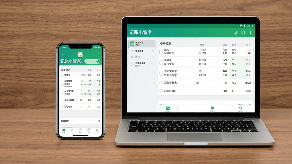 一张跨设备同步场景展示图,主体为一部智能手机和一台笔记本电脑并排摆放,屏幕中均显示“记账小管家”的账单列表界面,两者数据一致;布局为设备居中排列,桌面背景为木纹质感,风格为写实摄影风格,细节清晰,画质高清,无多余元素