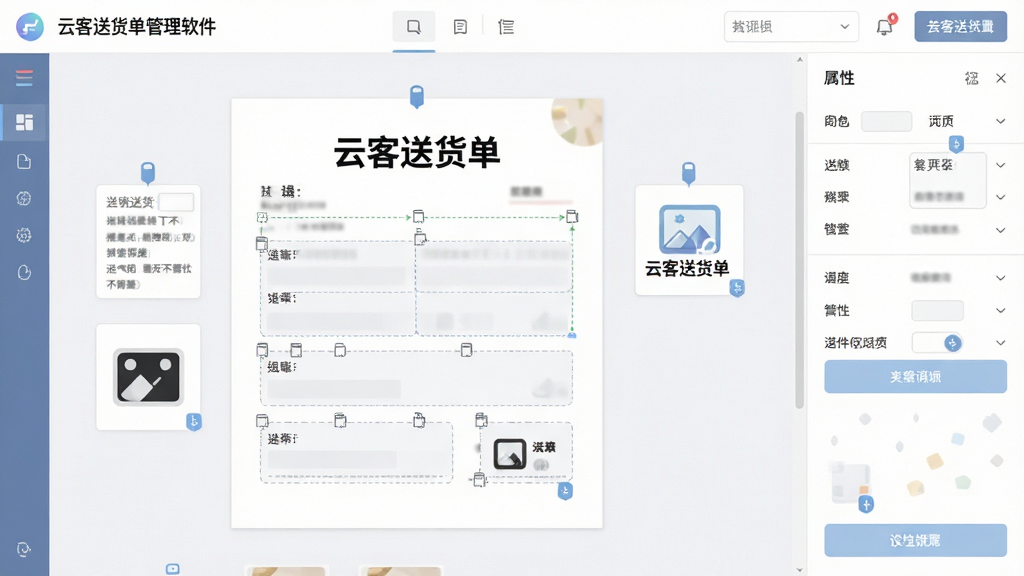 主体:云客送货单管理软件的模板编辑界面,显示可拖拽的文本框和图片Logo。布局:居中显示编辑画布,右侧为属性设置栏。排版:界面分区明确,操作按钮清晰。风格:扁平化设计,色彩柔和。细节:画布中有一张送货单,上面有“云客送货单”字样,可编辑的字段用虚线框标出。画质:高清,干净,无多余元素。