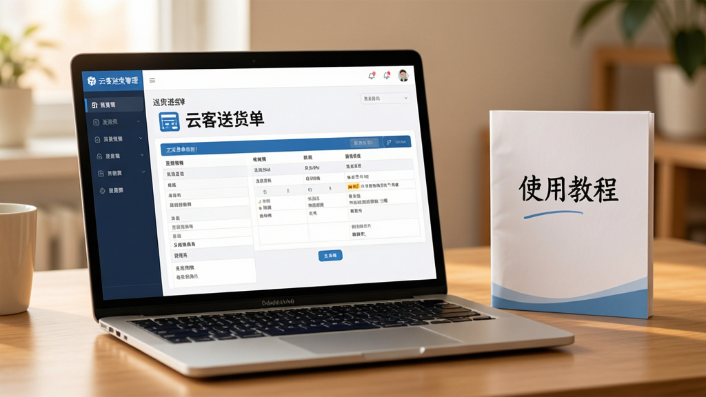主体:一台笔记本电脑运行着云客送货单管理软件,旁边有一本操作手册。布局:电脑屏幕清晰显示软件界面,手册上写着“使用教程”。排版:画面均衡,突出软件界面。风格:生活化写实风格,暖色调。细节:屏幕中送货单模板上有“云客送货单”字样。画质:高清,干净,无多余元素。