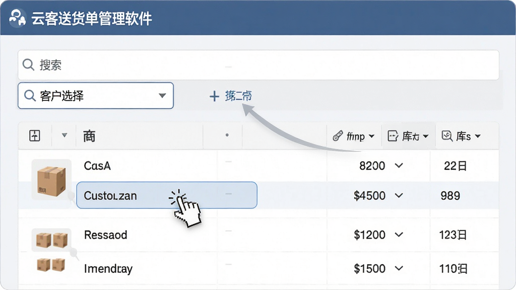 主体:云客送货单管理软件的客户选择下拉框和商品列表界面。布局:上方为搜索框,下方为商品表格。排版:列表清晰,支持键盘操作。风格:简洁商务风,浅色背景。细节:鼠标正在点击一个客户名称,商品列表中有价格和库存信息。画质:高清,干净,无多余元素。