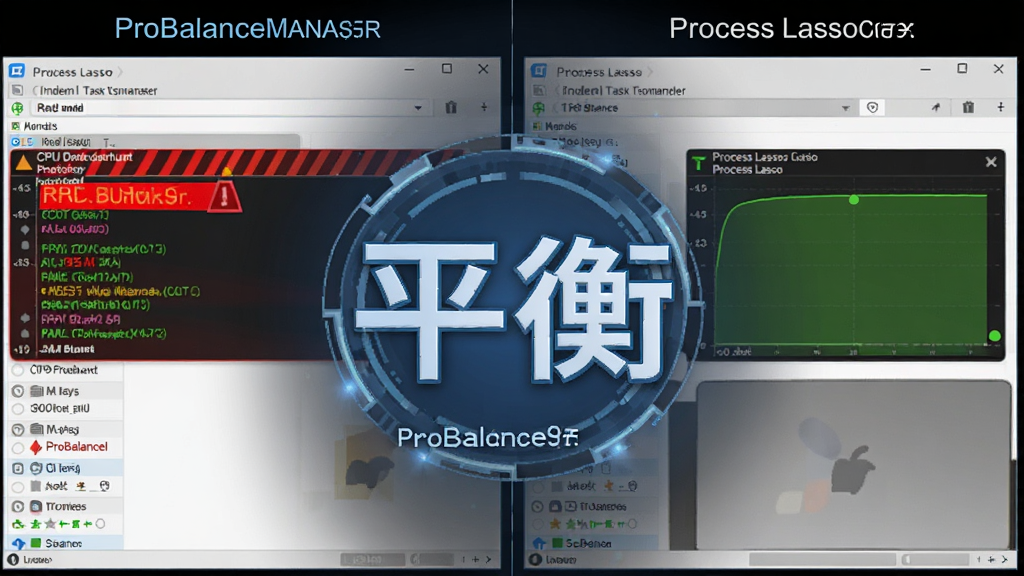 Process Lasso的ProBalance功能示意图,左侧为普通任务管理器界面显示CPU占用爆满红色警报,右侧为Process Lasso管理下的同一场景显示平稳绿色曲线,图片分屏对比,风格为科技感插画,主体突出平衡二字,布局左右对称,画质清晰