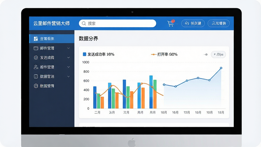 主体:云里邮件营销大师的电脑端主界面,左侧功能栏,右侧数据图表展示发送成功率与打开率。布局:界面清晰,功能模块分区合理,顶部有搜索框和快捷操作按钮。排版:现代简洁的UI设计,色彩以蓝白为主,图标线条流畅。风格:专业商务软件风格。细节:屏幕上显示“云里邮件营销大师”字样,数据图表为彩色柱状图与折线图。画质:高清,干净,无多余元素。