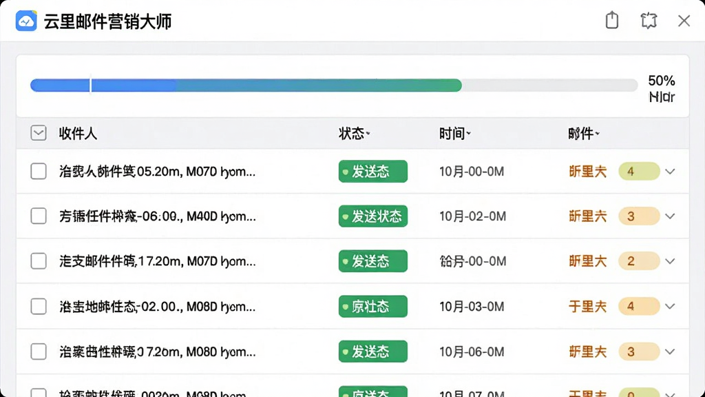 主体:云里邮件营销大师的发送队列管理界面,显示邮件任务进度与状态。布局:列表形式,每行显示收件人地址、发送状态、时间等信息,顶部有任务进度条。排版:信息密集但有序,状态用不同颜色标注。风格:清晰直观的后台管理系统风格。细节:界面左上角有“云里邮件营销大师”标识,进度条显示百分比。画质:高清,干净,无多余元素。