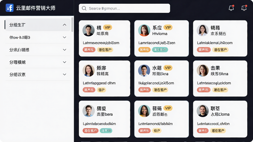 主体:云里邮件营销大师的客户管理模块,左侧分组列表,右侧联系人卡片墙。布局:卡片式展示联系人头像、姓名、邮箱及标签,分组列表可折叠。排版:简洁明快,卡片均匀分布。风格:现代社交软件风格。细节:卡片上带有“VIP”、“潜在客户”等标签,搜索框位于顶部。画质:高清,干净,无多余元素。
