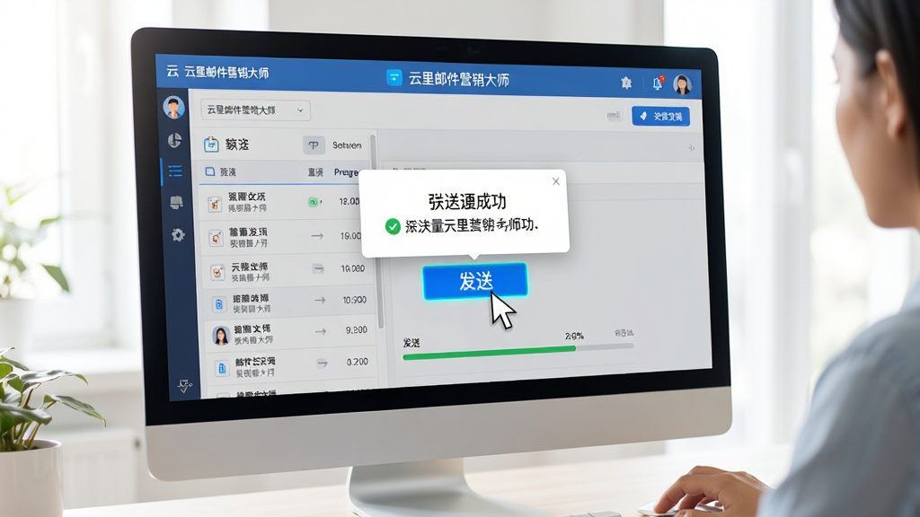 主体:用户正在操作云里邮件营销大师的界面,点击发送按钮。布局:电脑屏幕放大显示,鼠标指针指向“发送”按钮,周围有邮件列表和进度条。排版:界面元素清晰,按钮高亮。风格:写实风格,光线明亮。细节:屏幕上有“云里邮件营销大师”标题,发送成功提示弹出。画质:高清,干净,无多余元素。