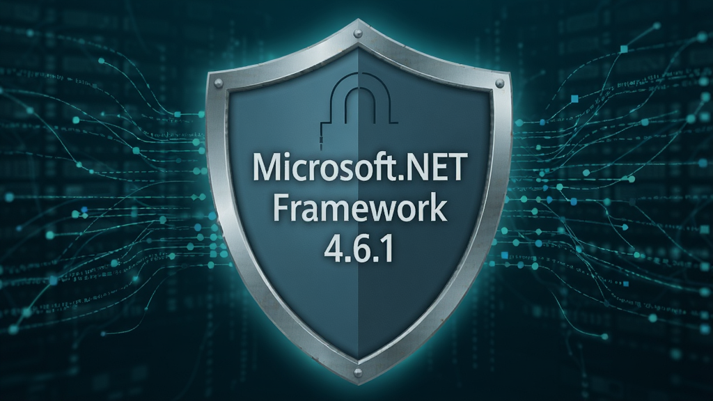 主体:一个由盾牌和锁组成的图标,盾牌中央写有“Microsoft.NET Framework 4.6.1”,背景是网络数据传输的抽象线条。布局:居中,盾牌为视觉焦点。排版:文字位于盾牌中央。风格:科技感,蓝绿色调。细节:盾牌表面有细腻的金属质感,周围有淡淡的光晕。画质:高清,干净,无多余元素。