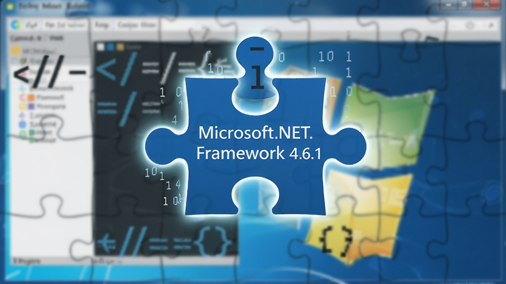 主体:一个由代码符号组成的拼图,其中一块写有“Microsoft.NET Framework 4.6.1”的蓝色拼图块正嵌入到Windows窗口背景中。布局:平视视角,拼图块位于画面中央。排版:拼图块上文字清晰。风格:抽象概念风,扁平化设计。细节:拼图块边缘发光,周围漂浮着微小的二进制数字。画质:高清,干净,无多余元素。